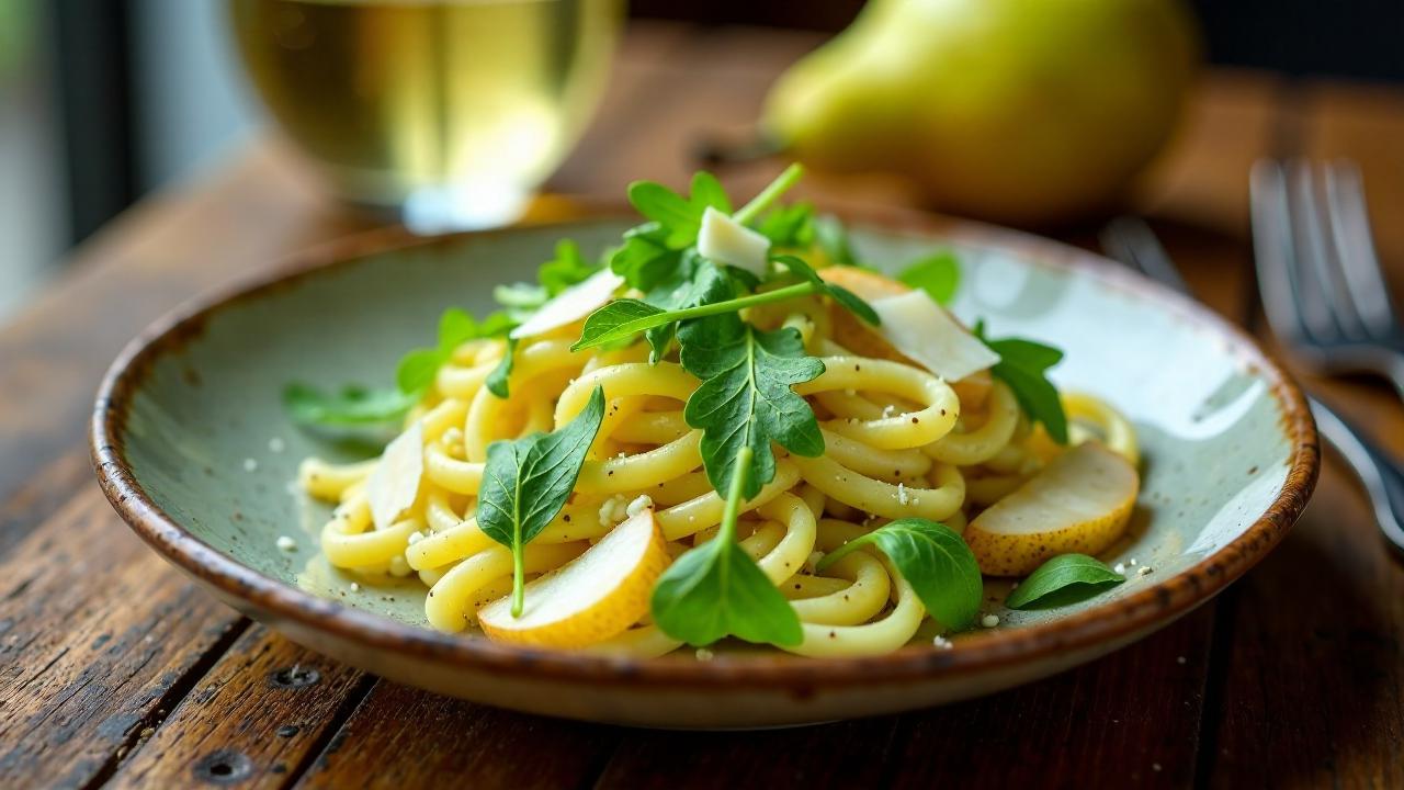 Nudelsalat mit Birne, Rucola und Parmesan-Splitter