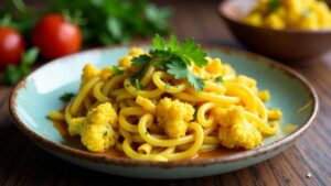 Nudelsalat mit Blumenkohl, Curry und Mangochutney