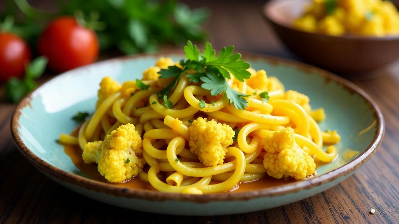 Nudelsalat mit Blumenkohl, Curry und Mangochutney