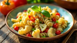 Nudelsalat mit Blumenkohl und scharfer Sriracha-Mayonnaise