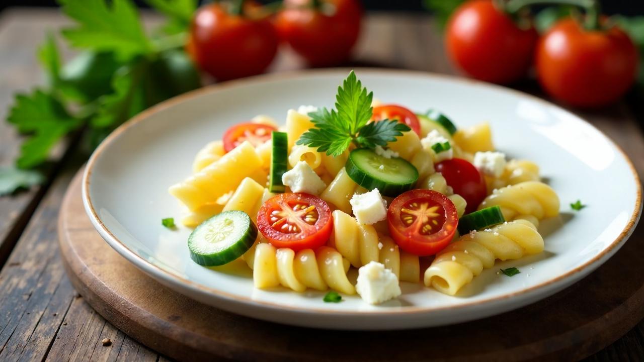 Nudelsalat mit Edelpilzkäse und buttrigen Croutons