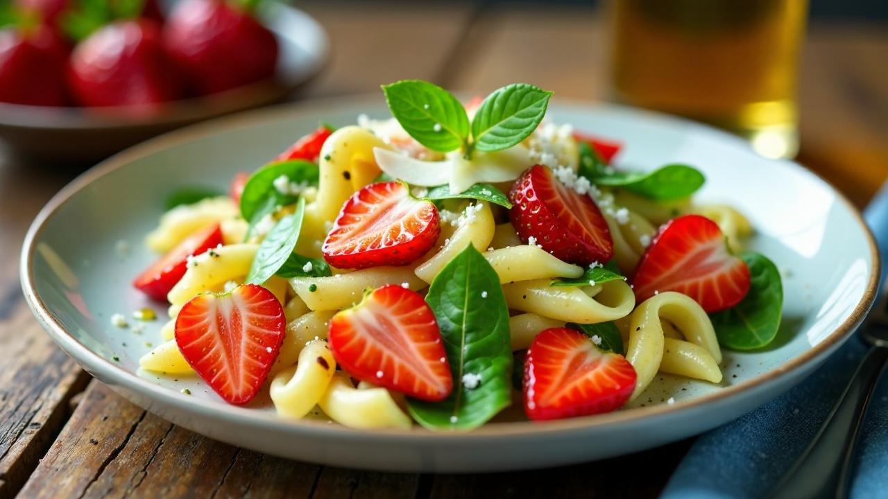 Nudelsalat mit Erdbeeren und Rucola