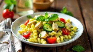 Nudelsalat mit Huhn und grünem Pesto