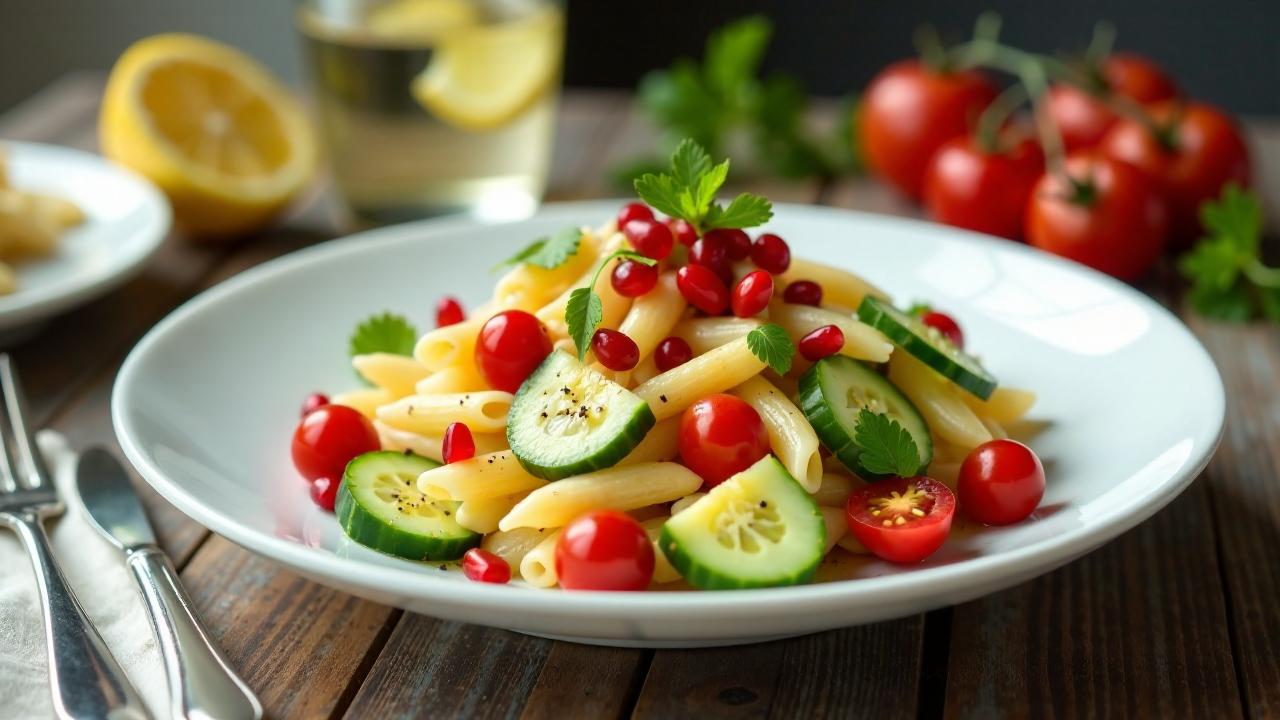 Nudelsalat mit Hummus und Granatapfel