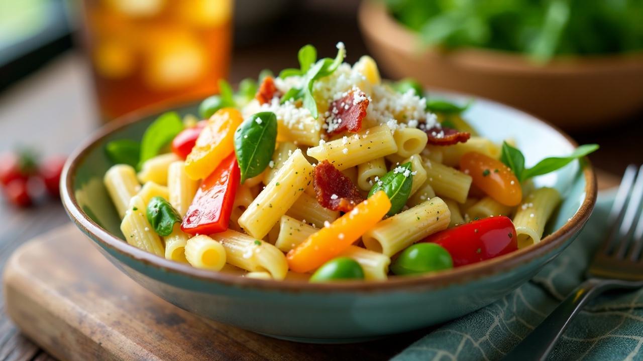 Nudelsalat mit Paprika, Speck und Rucola