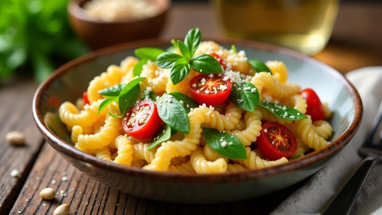 Nudelsalat mit Pecorino und getrockneten Tomaten