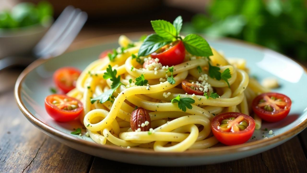 Nudelsalat mit Petersilie und gerösteten Mandeln