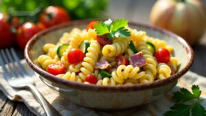 Nudelsalat mit Räucherfleisch und pikantem Dressing