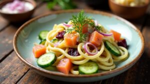 Nudelsalat mit Räucherlachs und Rote-Bete-Dressing