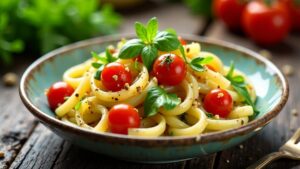 Nudelsalat mit Rucola, Kirschtomaten und Pinienkernen