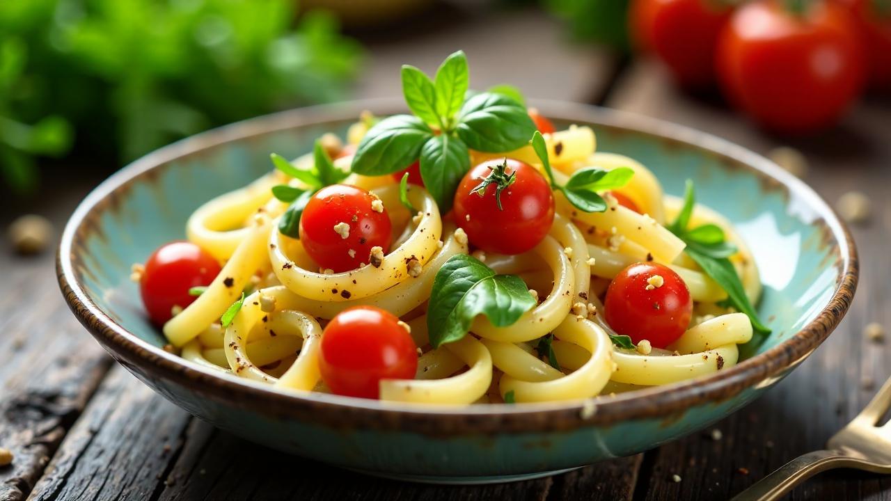 Nudelsalat mit Rucola, Kirschtomaten und Pinienkernen