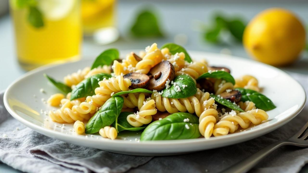 Nudelsalat mit Spinat und Champignons