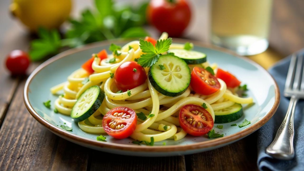 Nudelsalat mit Zucchini und Zitronen-Olivenöl-Dressing