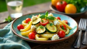 Nudelsalat mit gebackenen Zucchini und Feta