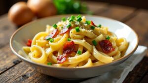 Nudelsalat mit gebratenem Speck und Schnittlauch