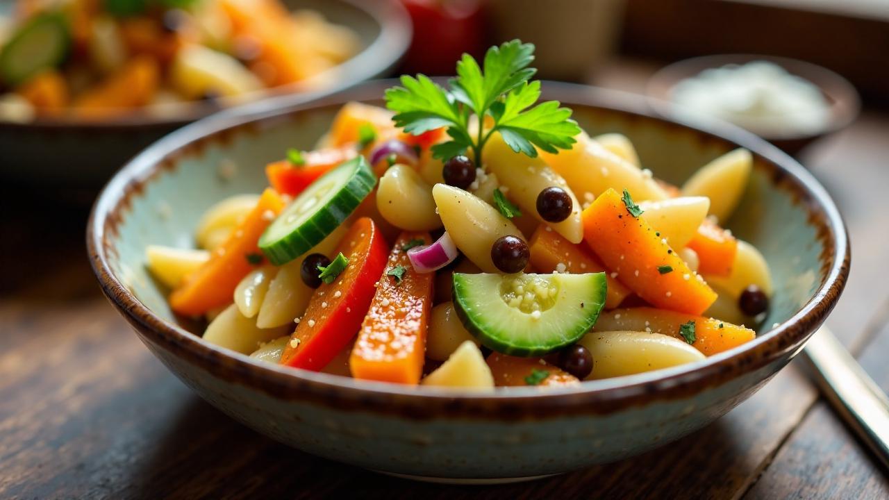 Nudelsalat mit gebratenen Süßkartoffeln und Linsen