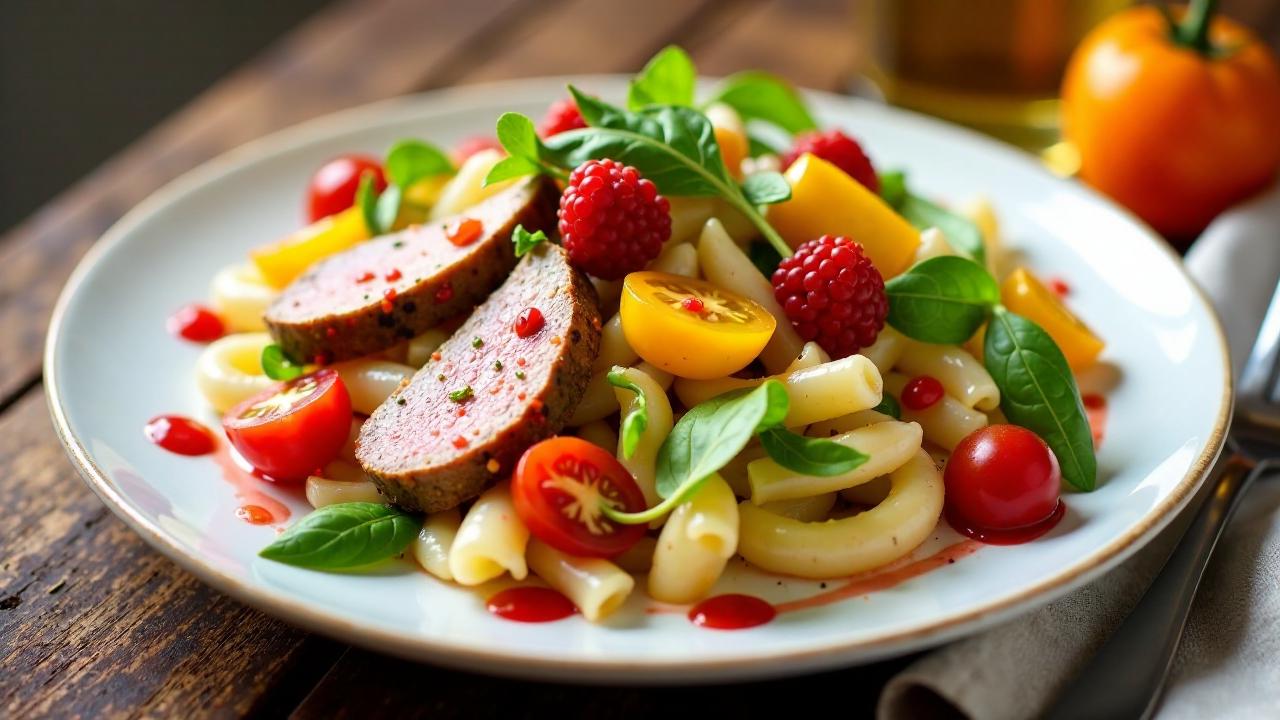 Nudelsalat mit gebratener Entenbrust und Himbeerdressing