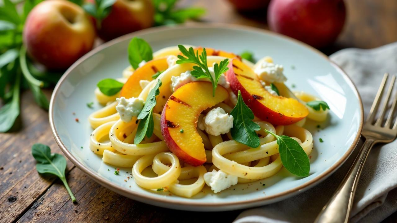 Nudelsalat mit gegrilltem Pfirsich und Frischkäse