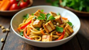 Nudelsalat mit gegrilltem Tofu und Erdnuss-Sauce