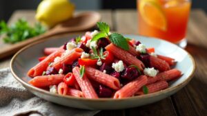 Nudelsalat mit roter Bete und Feta