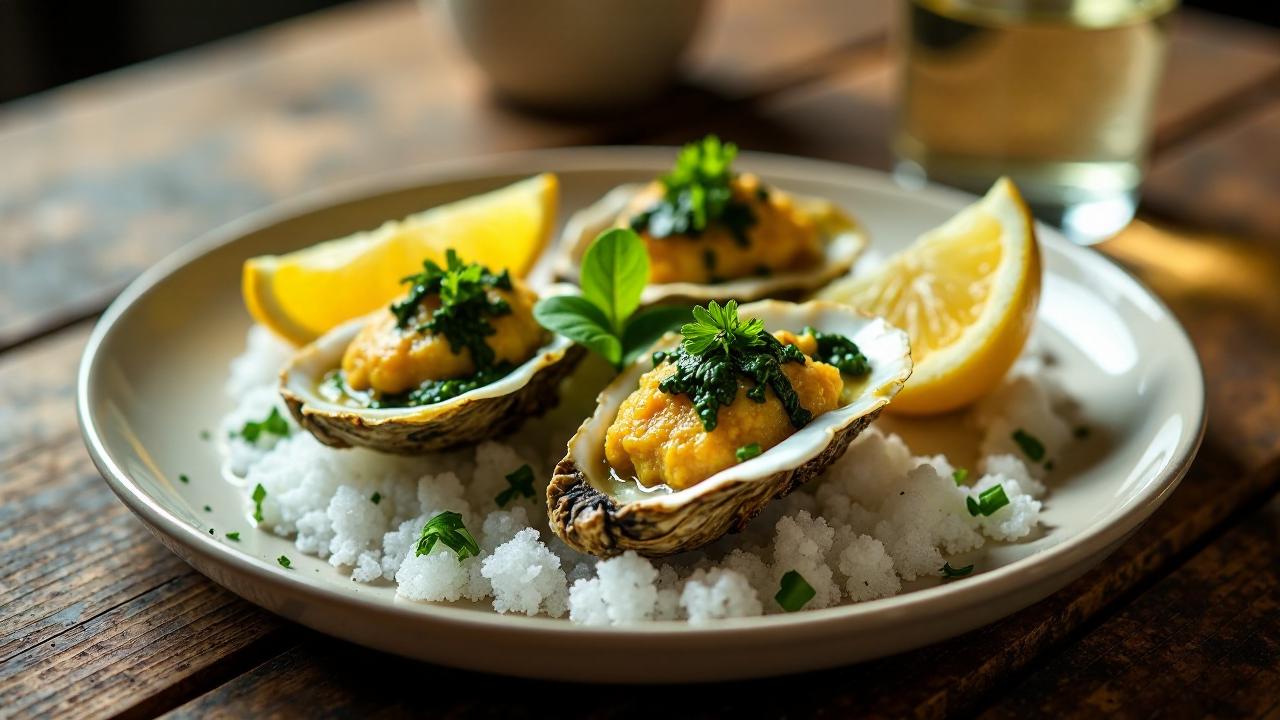 Oyster Rockefeller – Überbackene Austern mit Spinat und Käse.