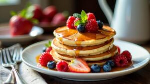 Pancakes – Flauschige Pfannkuchen mit Ahornsirup.