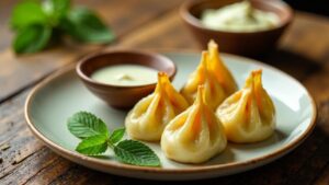 Paneer-Momos in Joghurt-Minz-Soße