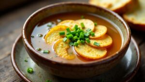 Pfannkuchensuppe mit Schnittlauch und Pfannkuchenstreifen