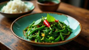 Phad Phak Bung Fai Daeng (Gebratenes Wasserspinat mit Chilipaste)