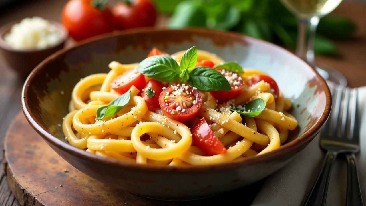 Pici Pasta mit Knoblauch und Tomaten