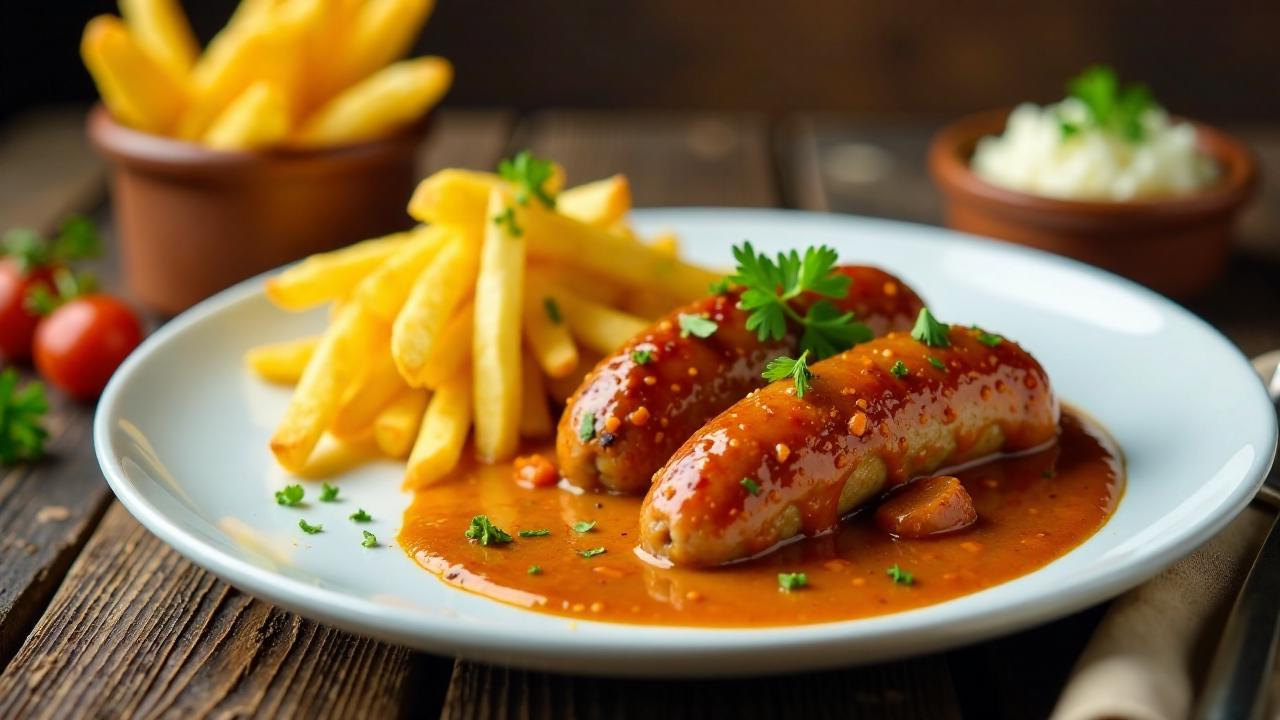 Pikanter Gulasch-Currywurst mit Senf-Pommes