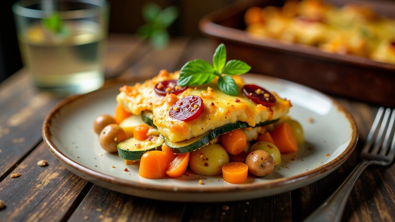 Pikantes Gemüsegratin mit Würstchen