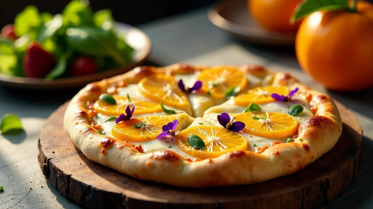 Pizza mit Blüten und Zitrusfrüchten