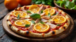 Pizza mit Ente und Orangen