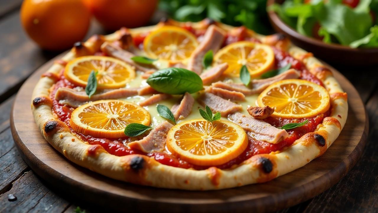 Pizza mit Ente und Orangen