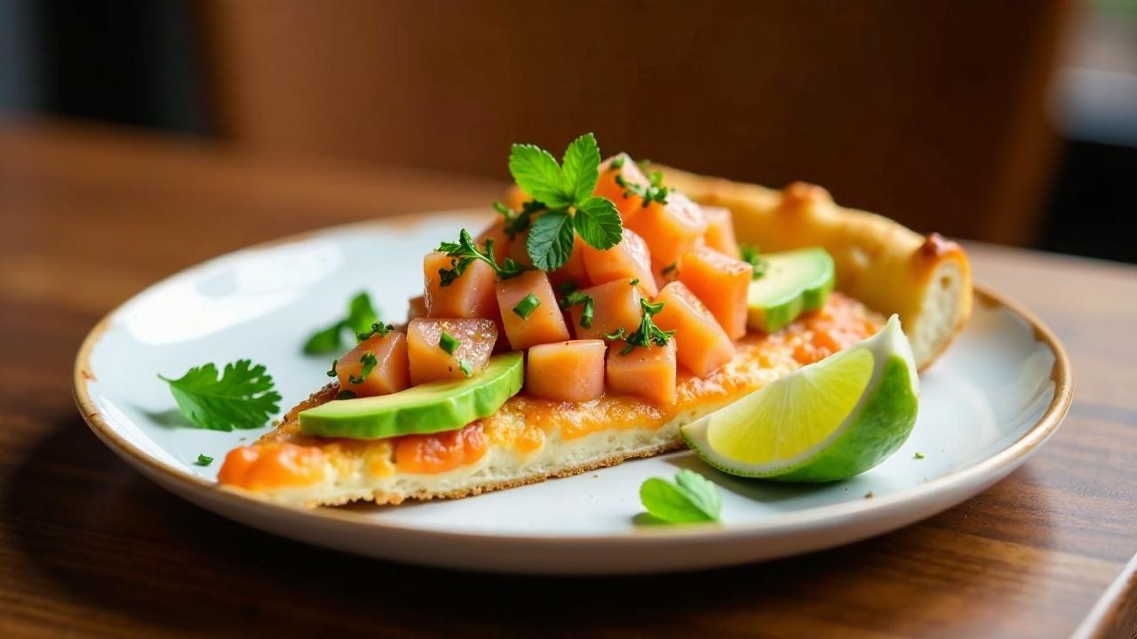 Pizza mit Lachstartar und Avocado