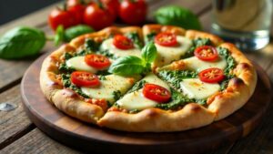 Pizza mit Pesto und Kirschtomaten