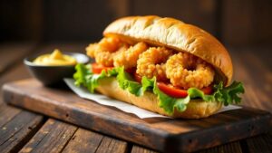 Po' Boy Sandwich – Sandwich mit frittiertem Fisch oder Garnelen.