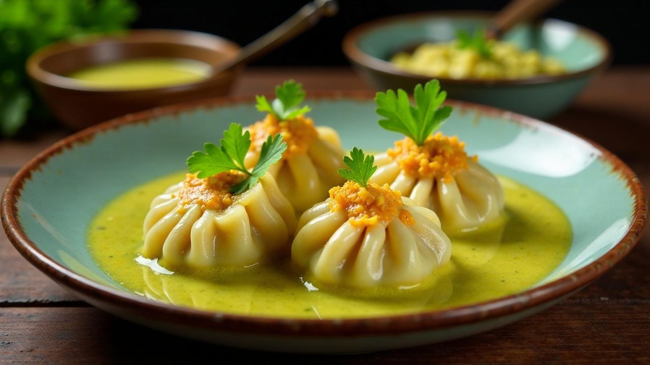 Prawn Momos in grünem Curry