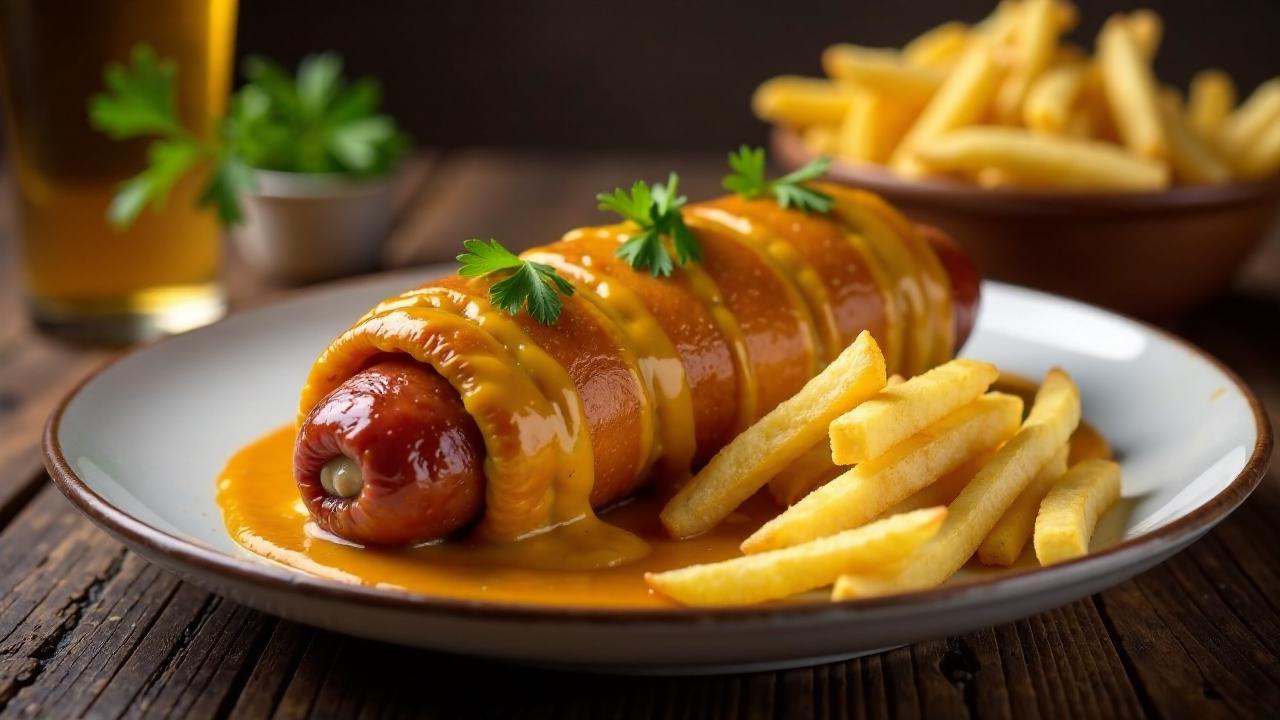 Pretzel-Currywurst und Pommes