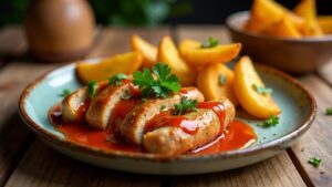 Protein-Currywurst und Süßkartoffel-Wedges