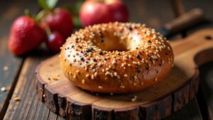 Pumpernickel-Bagel mit Butter und Marmelade