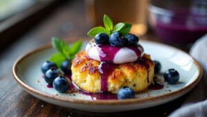 Quarkkeulchen als Burger mit Blaubeerfrischkäse