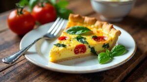 Quiche mit frischem Basilikum und Tomaten