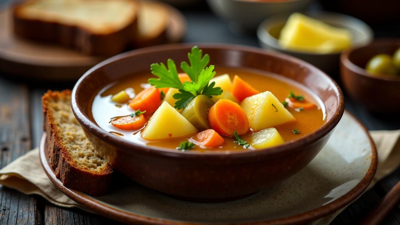 Rassolnik-Sauergemüsesuppe mit Kartoffeln