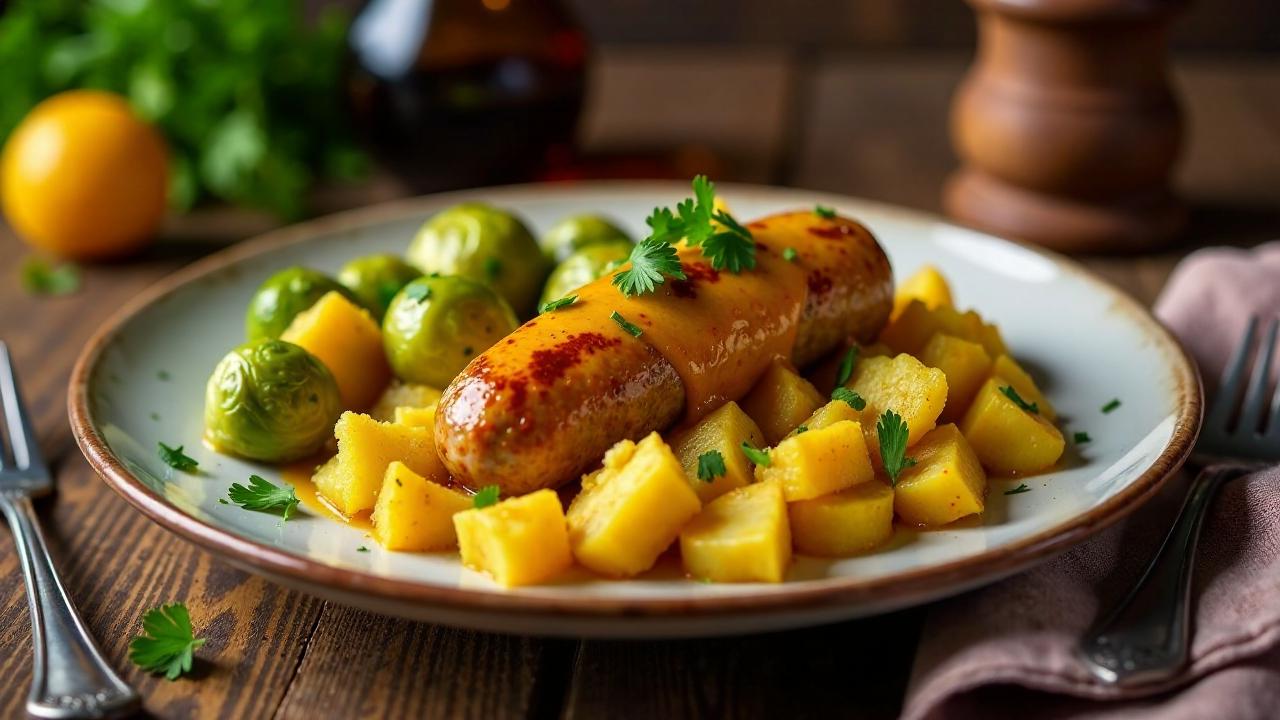 Rosenkohl-Currywurst mit Bratkartoffeln