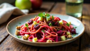 Rote-Bete-Nudelsalat mit Apfel und Walnüssen