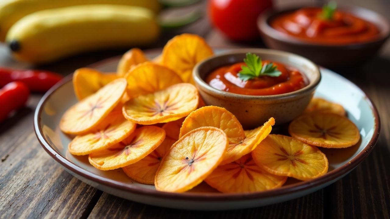 Rote Bananen-Chips mit scharfer Paprika-Dip