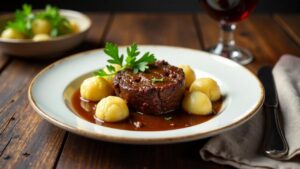 Sauerbraten mit Knödeln und Bratensauce