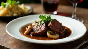 Sauerbraten mit gebratenen Champignons